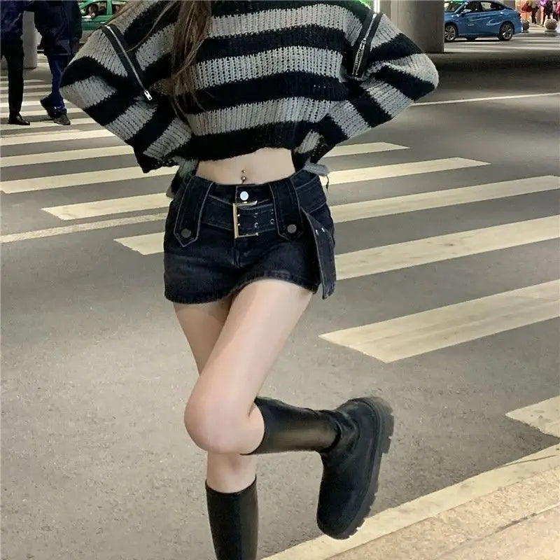 E-girl Gothic Crop Sweater Striped Knitted Pullovers Punk Zipper 2000s Y2K Vintage Harajuku Grunge Jumpers Autumn Spring Clothes