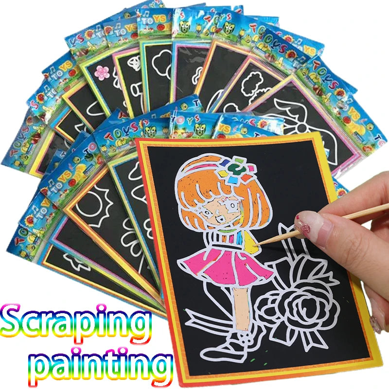 Children's Colorful Scraping Painting DIY Making Scratch Art Paper Magic Painting Paper with Drawing Stick Toys Game Kids