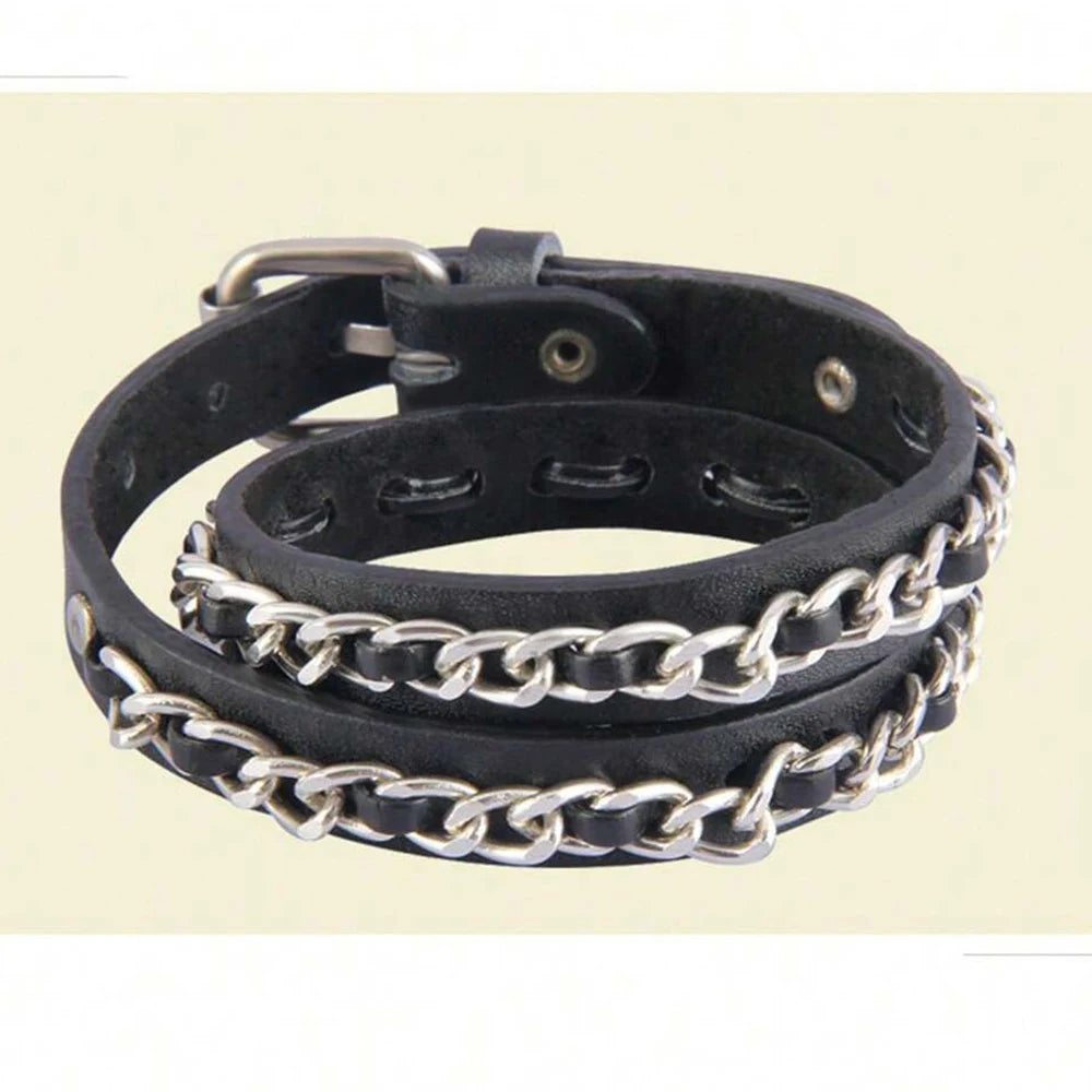 2024 Punk Rivet Subculture Cowhide Bracelet Chains Leather Stacked Bracelet Bangle Women Man