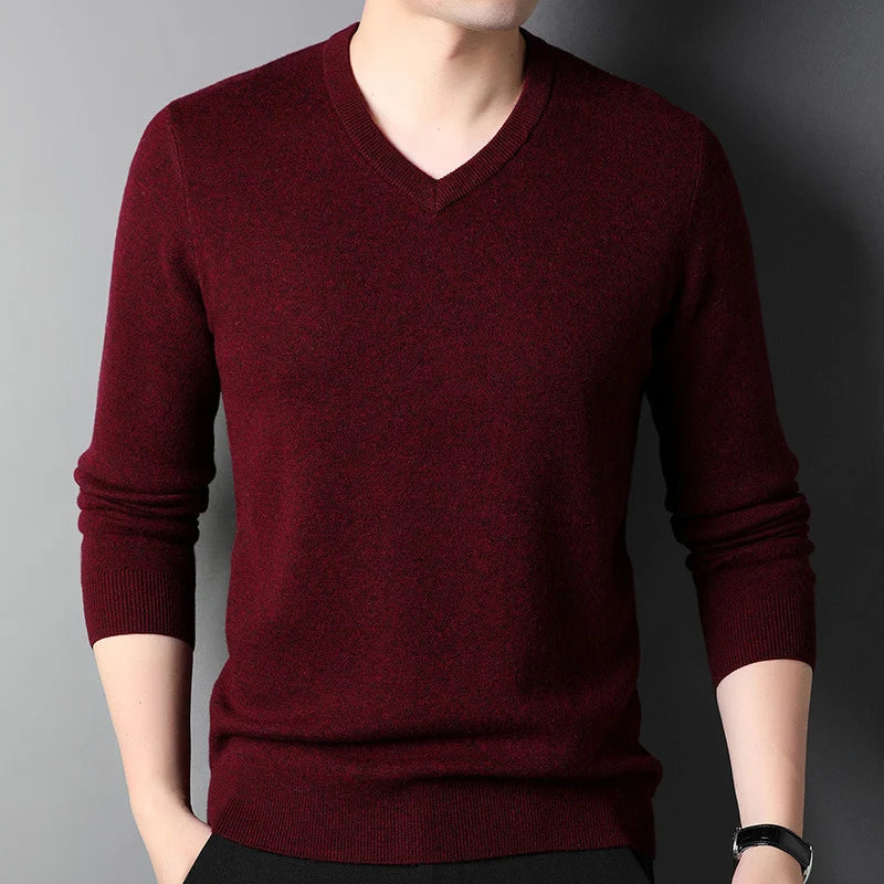 TFETTERS Spring Autumn Fashion Pullovers Men V Neck Long Sleeved Stretch Khaki Sweaters Men Business Classics Knit Top Men