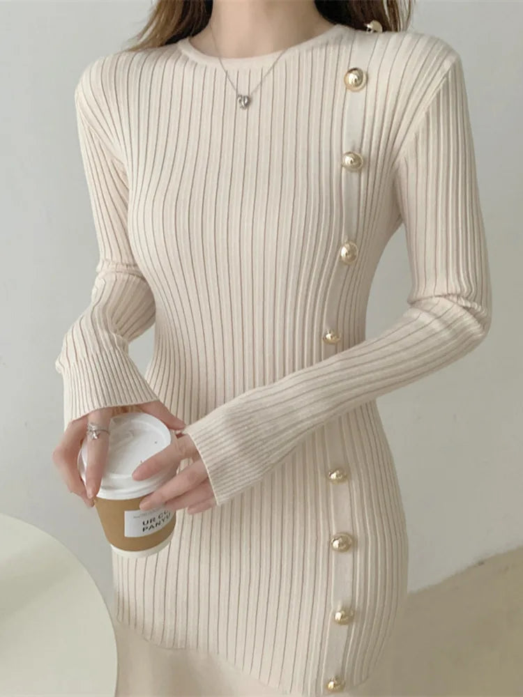 Autumn Warm Korean Fashion Woman Elegant Clothing Knitted Vintage Dresses Sweater Dress Femme Winter Vestido Feminino Thicken