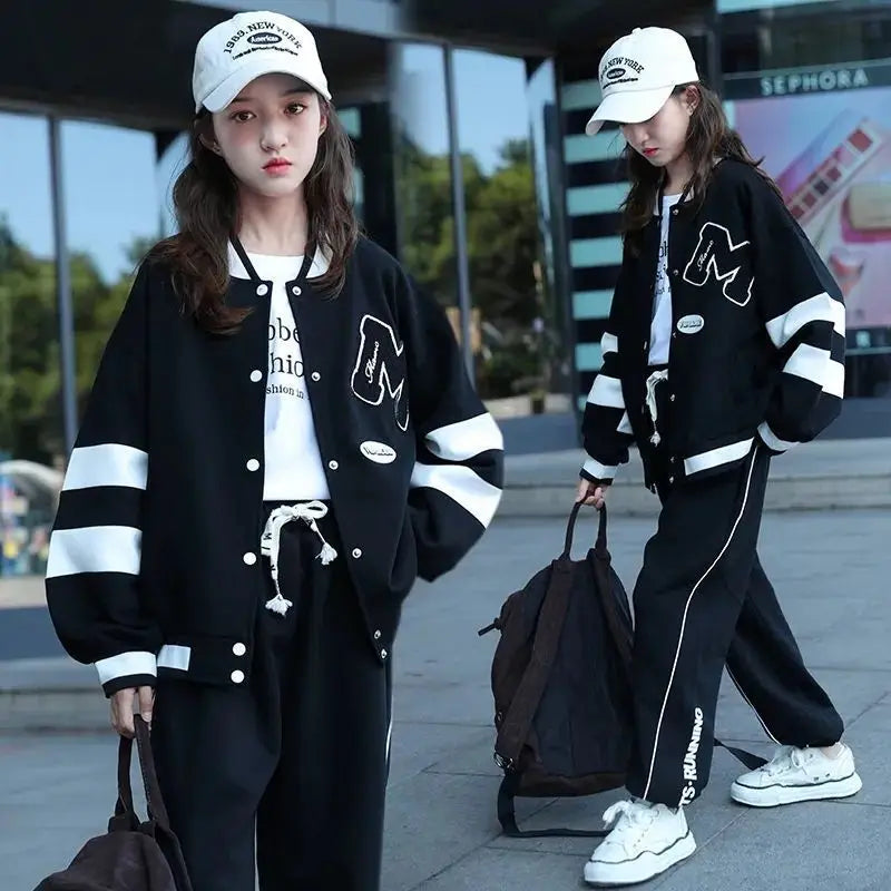 Girls Contrast Alphabet Single-breasted Sweat Varsity Jacket+Drawstring Sweatpant Set School Kids Tracksuit Child Outfit 3-14Yrs