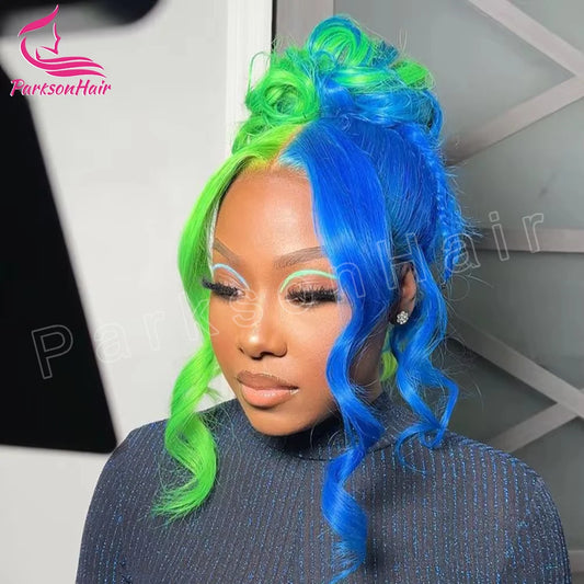 Highlight Black With green 13x6 HD Lace Frontal Wigs Human Hair Wig For Black Women Brazilian Hair Glueless T Part Lace Wigs