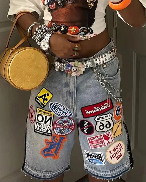 American Retro Denim Shorts Y2K Jeans Harajuku Hip Hop Cartoon Embroidery Retro Baggy Shorts Low Waist Sports Basketball Shorts