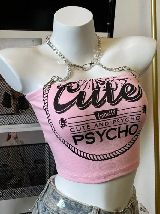 Crop Tops Fashion Summer Tanks Women Clothing Sweet Pink Letter Backless Tunic Camis Harajuku Chain Sexy Y2k Vest Ropa Mujer