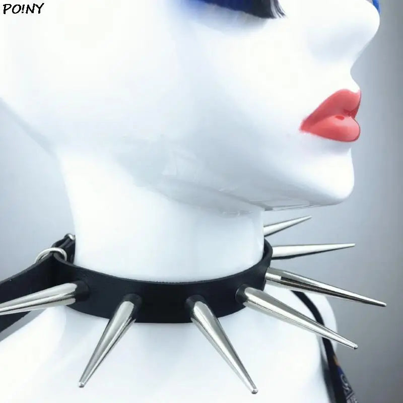 Long Spike Choker Punk Faux Leather Collar For Women Men Cool Big Rivets Studded Chocker Goth Style Necklace Accessories