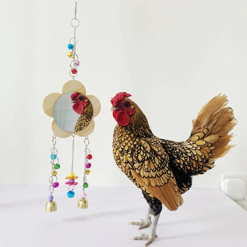 Chicken Toy Hanging Chicken Mirror Toy with Bell Wooden Pecking Toy for Coop Pet Bird Toy for macaw Parakeet Cockatiels R9CA