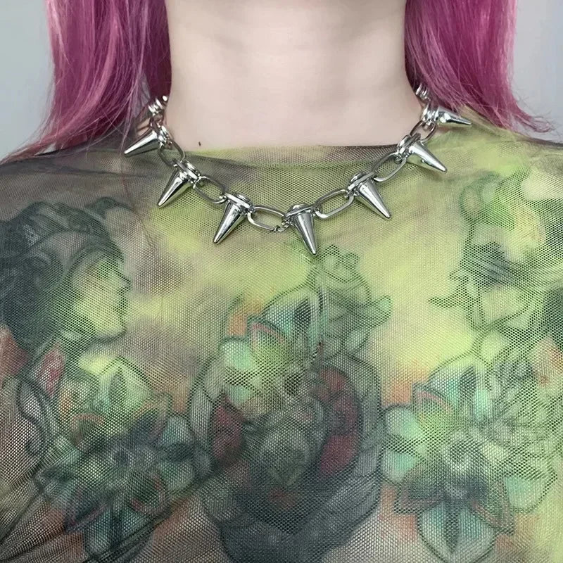 New Punk Gothic Harajuku Necklaces Handmade Womens Necklace Spike Rivet Female Chain Necklaces Exaggeration Rock Choker Jewelry