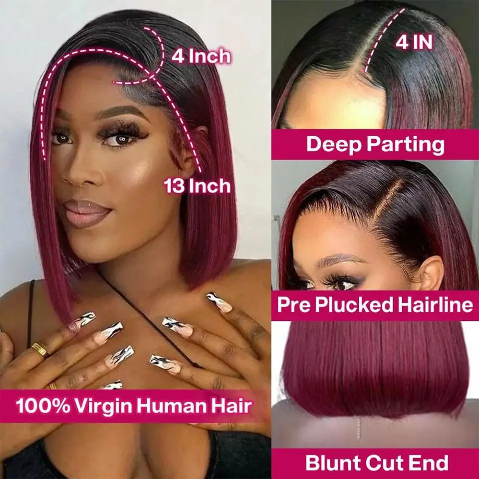 Brazilian Bone Straight Human Hair Wigs For Women 1B/99J Highlight Wig Human Hair bob Wig Straight13x4 Lace Frontal Short BobWig