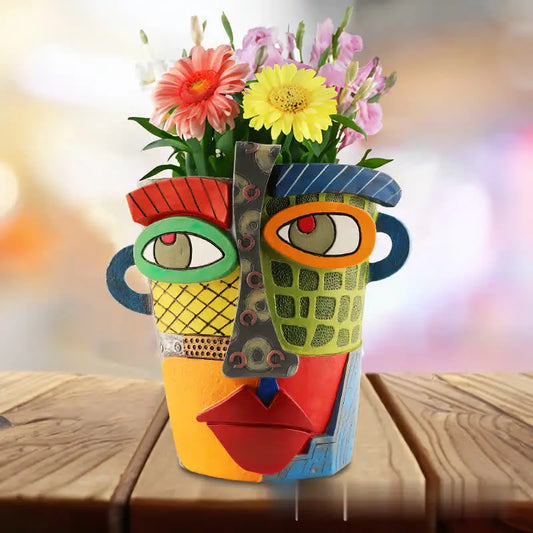 Abstract Art Vase Resin Vase  Colorful Face Planter Unique Resin Human Head Flower Pot Decoration Indoor Outdoor Art Decoration