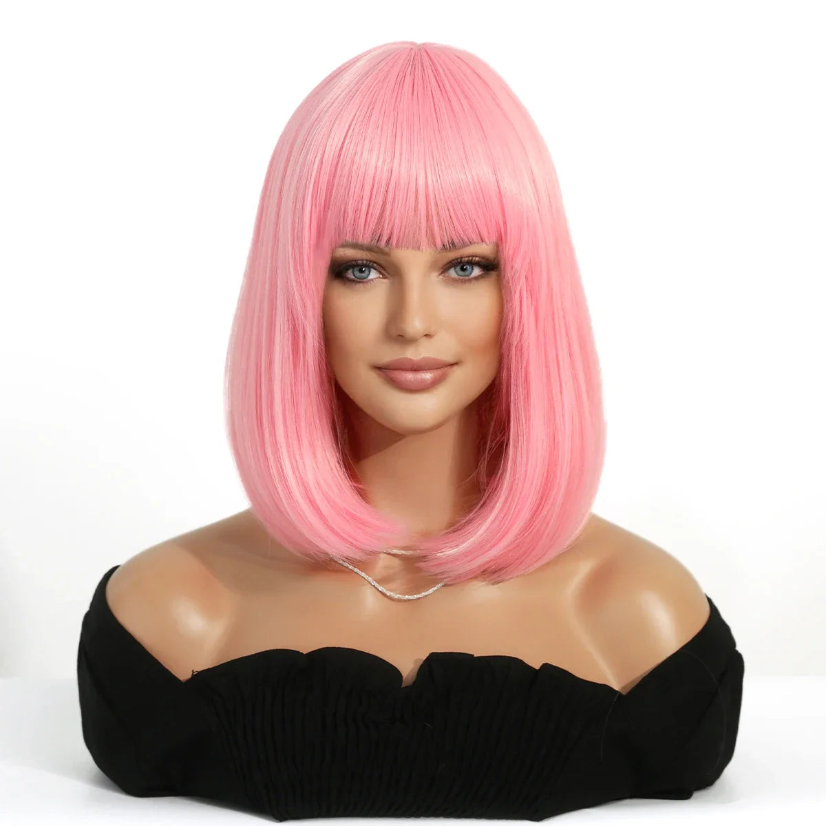 NAMM Short Straight Pink Wig for Woman Daily Party Cosplay Lolita Wig Natural Synthetic Bob Wig with Bangs Heat Resistant Fiber