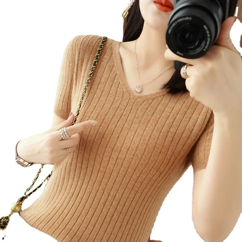 2023 Spring Summer Women Sweater V-neck Short Sleeve Tshirt Korean Fashion Knitwears Slim Fit Pullovers Bottoming Inner Knit Top