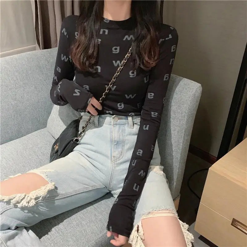 Spring Autumn New Fashion Pure Cotton Printing Letter T-Shirts Women's Clothing Round Neck Long Sleeve Pullovers Korean Thin Top