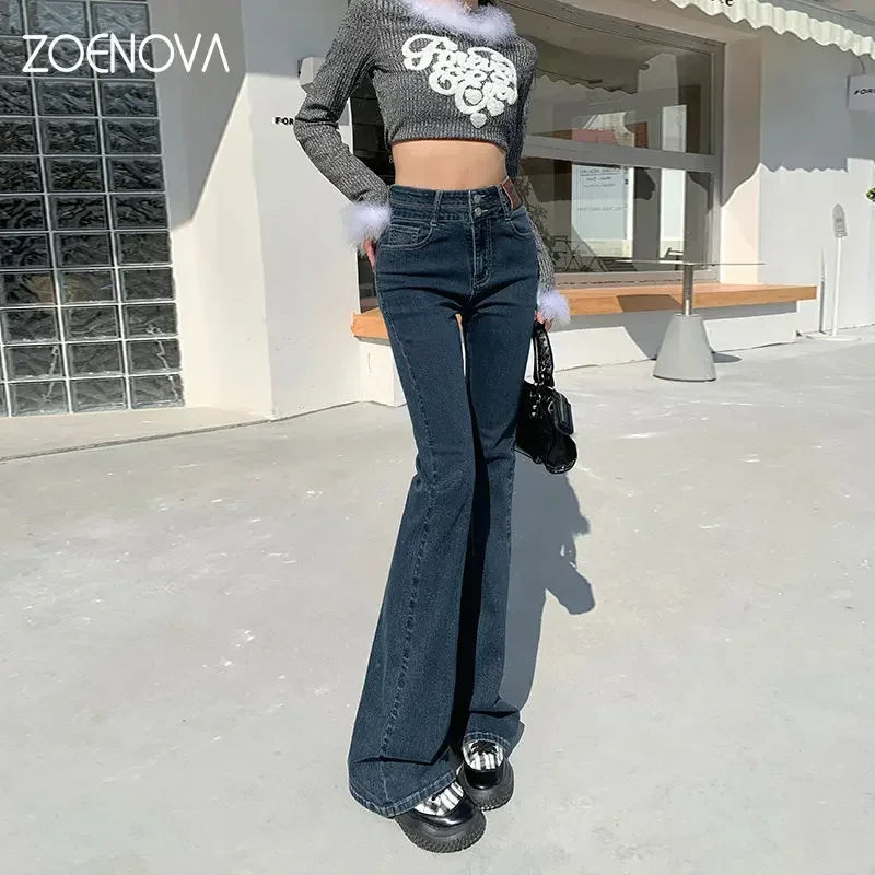 ZOENOVA Y2K 2023 Beautiful Bell Bottoms Xshape Women Full Length Jeans Wide Leg Pants Spring Vintage Style Flare Length Trousers