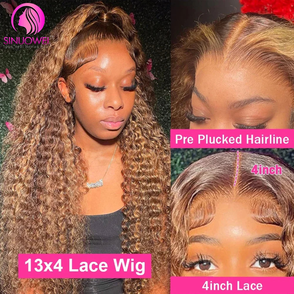 Highlight Wig Human Hair 13X6 Water Wave Frontal Wig Brazilian Curly P4/27 Honey Blonde Highlight Lace Frontal Wigs For Women