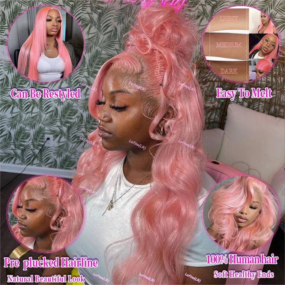 Light Pink 13X6 Body Wave HD Transparent Lace Frontal Wig 30 Inch 13X4 Long Loose Wave 100% Colored Human Hair Wigs For Women