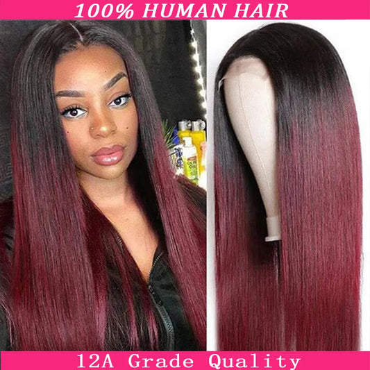 1B/99J Straight Wigs Human Hair 4x4 Closure Wig Brazilian Burgundy 13x4 Lace Front 32Inch Wigs For Black Women Pre Plucked