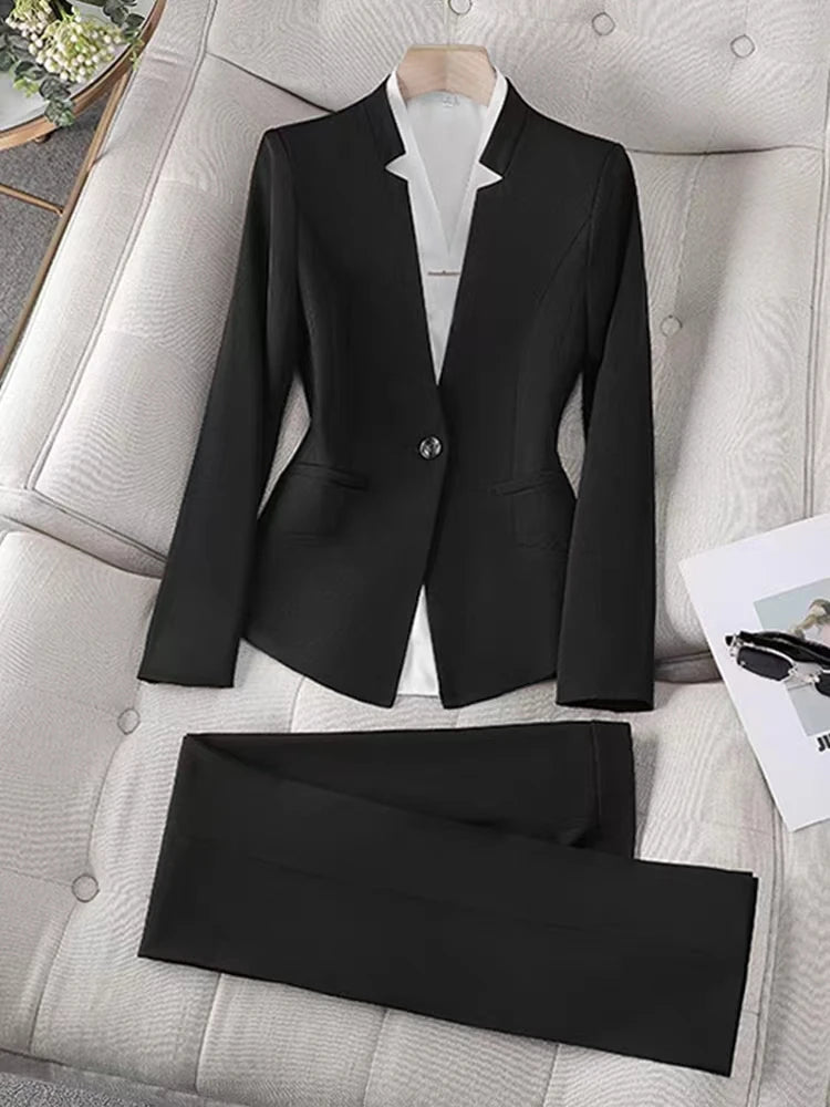 Professional Navy Blue Suits Women Spring Temperament Slim Blazer And Pants Sets Office Ladies Fashion Work Clothes Uniform