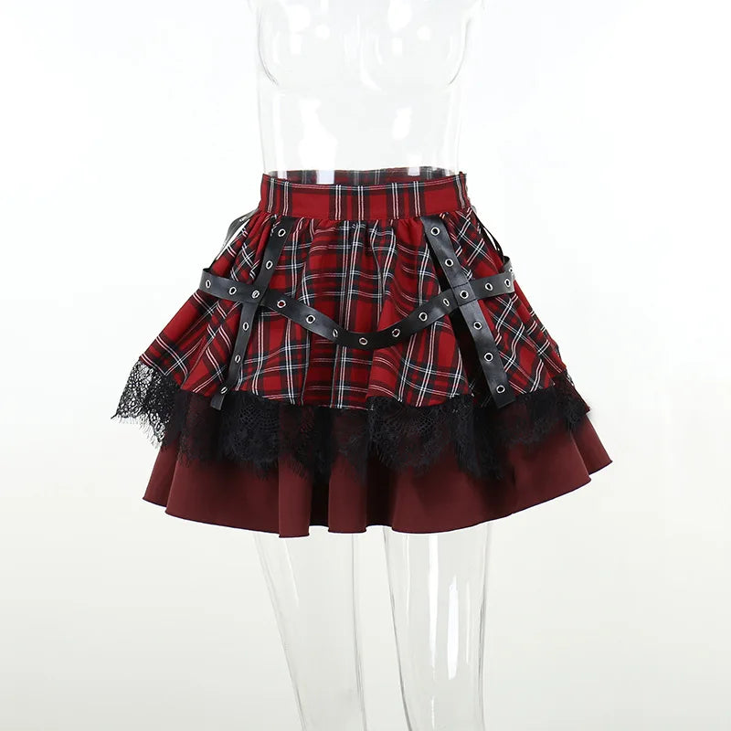 Gothic Harajuku Girls Plaid Pleated Skirt Punk Sweet Lace Kawaii Clothing Y2k Lolita Cake Mini Skirts Cosplay Costume