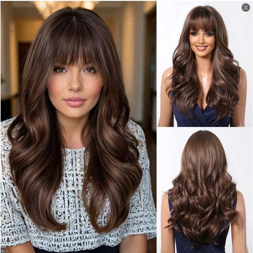 EASIHAIR Long Wavy Brown Synthetic Wigs for Women Dark Brown Wigs With Side Bangs Natural Hair for Daily Use Heat Resistant Wig