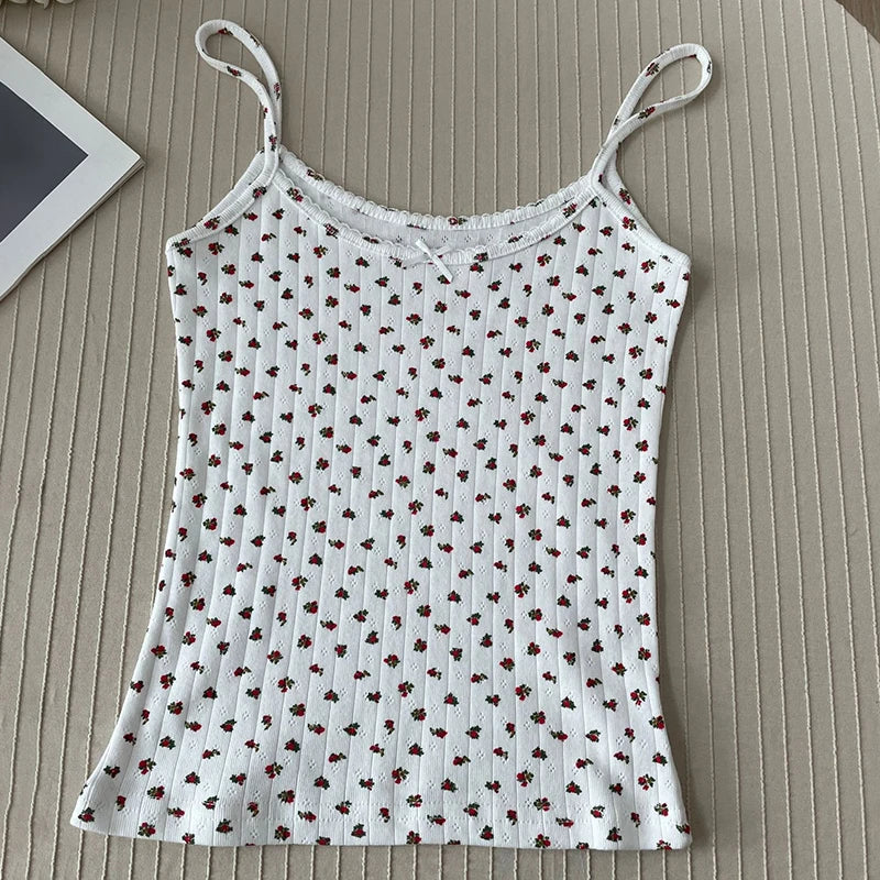 Floral Eyelet Sweet Slim Tank Tops Women Lace Trim Bow Cotton Sleeveless Summer Camisole Female Preppy Style Cute Slim Crop Top