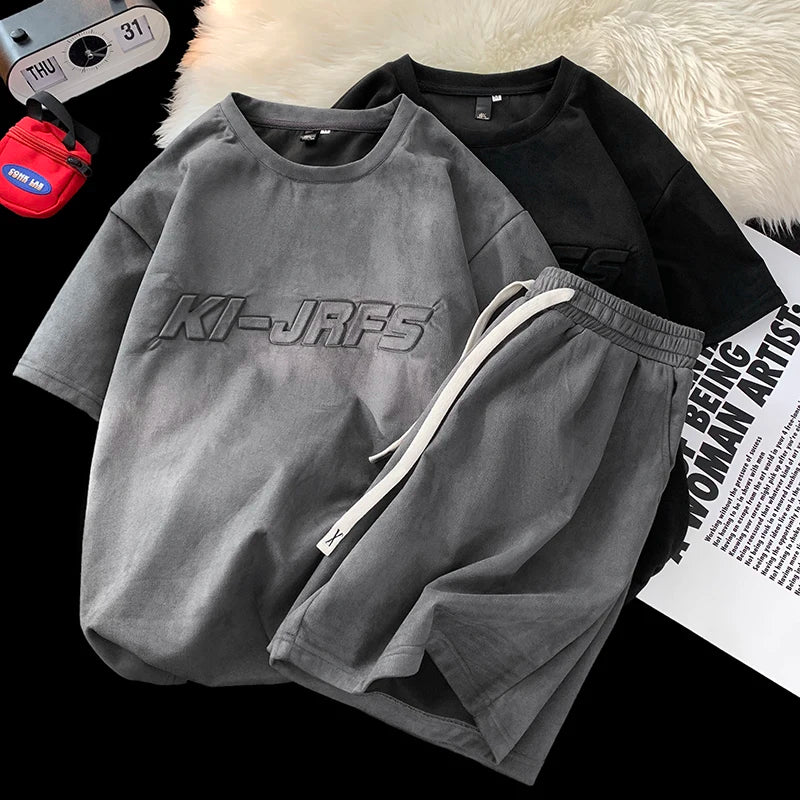 Basic Embossed Letter Men's Set Casual Athletic Short Set Jogging Fitness Shorts Round Neck Top Unisex Short Sleeve Suit