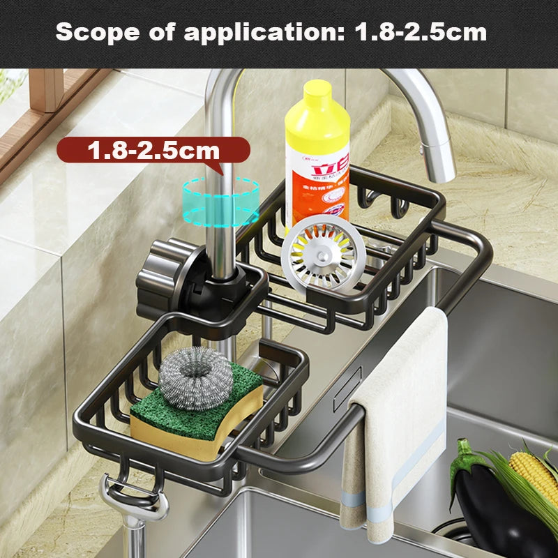 Kitchen Space Aluminum Sink Drain Rack Sponge Storage Faucet Holder Soap Drainer Shelf Basket Organizer Bathroom Accessories