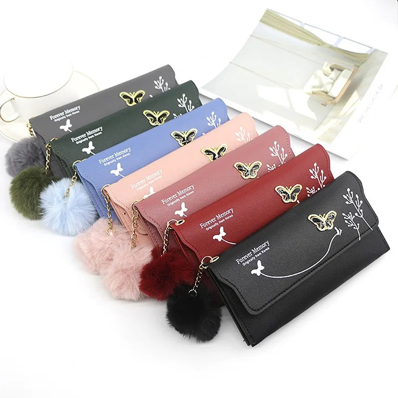 Fashionable New Women Long Wallets Pure Color Wool Ball Bow Clutch Bag Women's Long Bag Card Bag Coin Purse