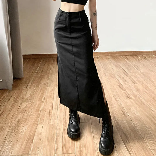 Goth Dark Grunge Casual Tag Split Women Midi Skirts Mall Gothic Punk High Raise Slim Long Skirt Y2k Sexy Fashion Streetwear