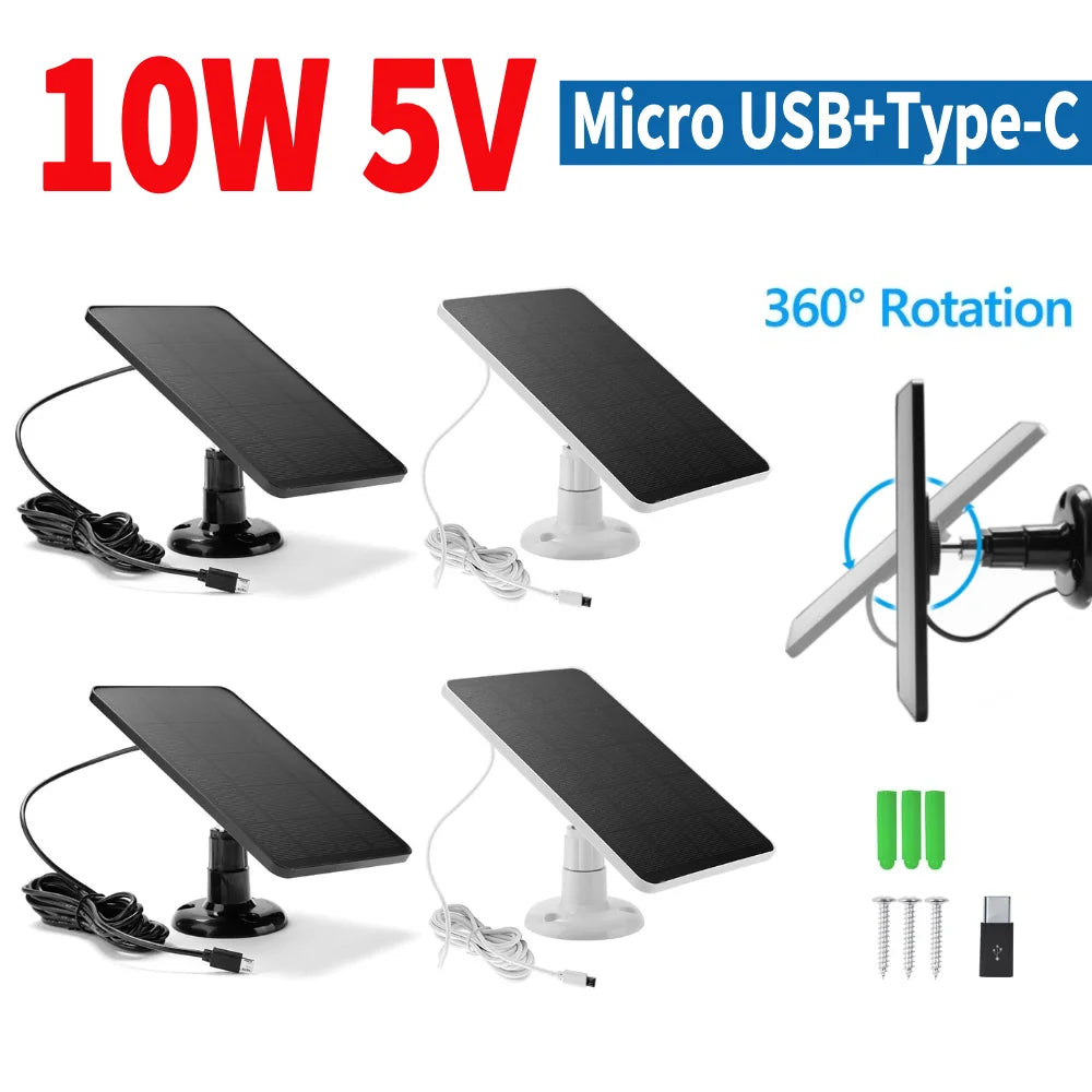 10W 5V Solar Panel Micro USB+Type-C Waterproof Outdoor Solar Cells for Lights Lamp For Security Camera with 3 Meter Cable 360°