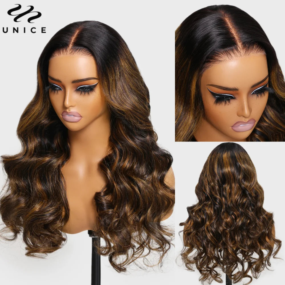 UNice 7x5 Glueless Wig Balayage Highlight Body Wave Lace Front Human Hair Wig Pre Cut Pre Bleached Pre Plucked Human Hair Wigs