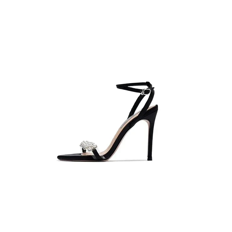 2024 New Summer Pearl Thin Heel High Heel Shoes Women's Streetwear Dress Sandals One-piece Strap Open-toe Shoes