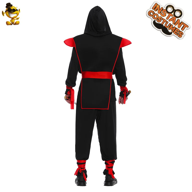 Adult Ninja Costume Halloween Party Muscle  Cosplay Black and Red with Hood Jumpsuit Belt Straps Deggers Fancy Dress Up