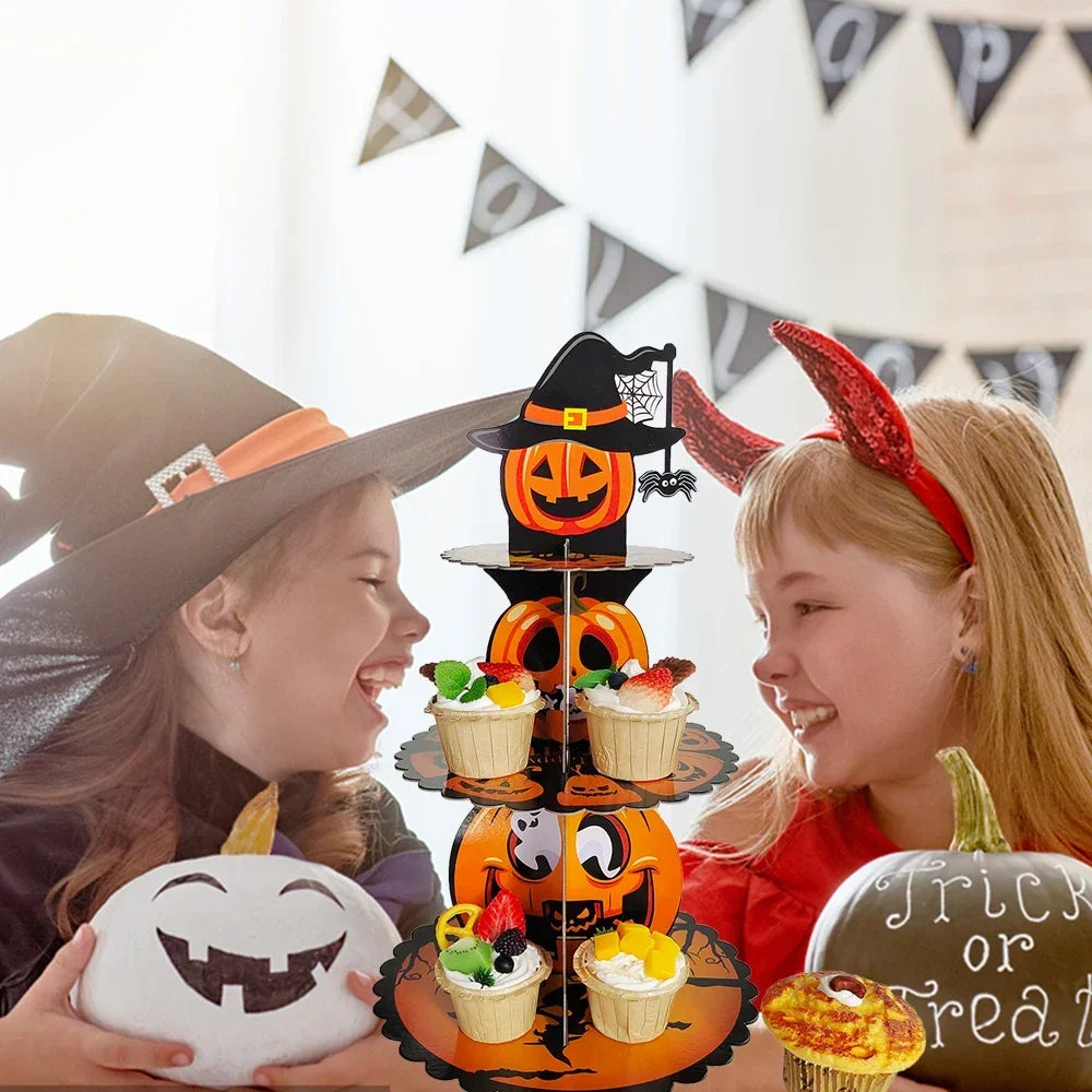 Halloween Dessert Tower Spooky Face Arachnid Gourd 3 Tier Cupcake Display Witch Cap Topped Paper Stand Eerie Festivity