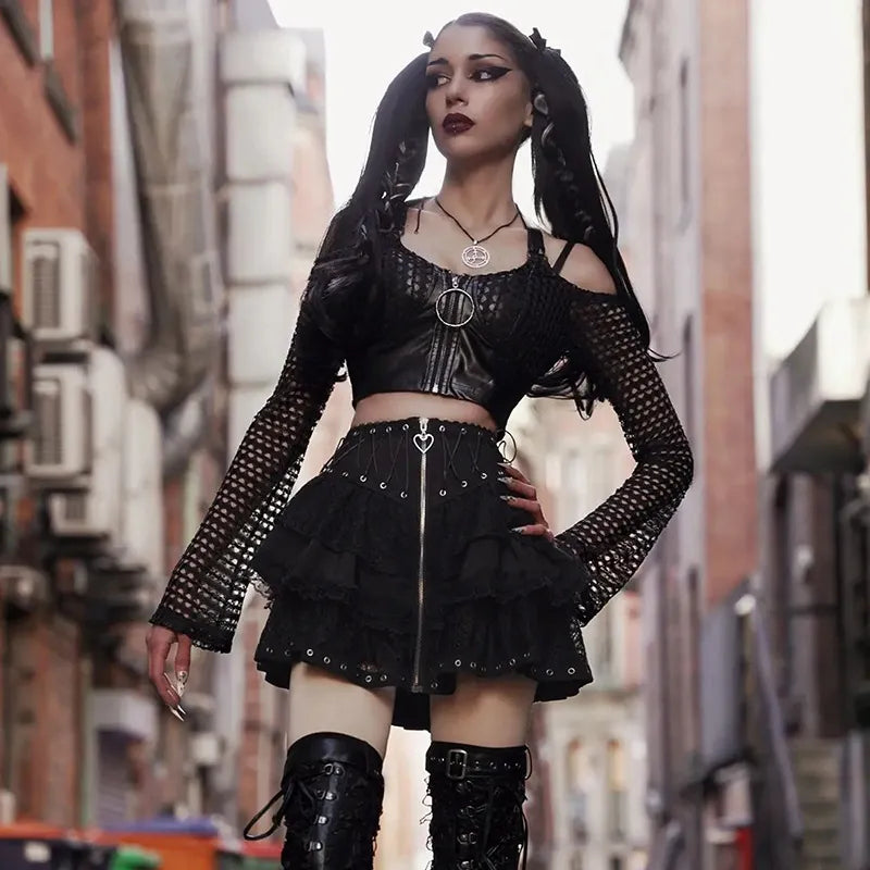 Women's Punk Vintage High Wasit Skirt Zipper Front Japanese Style Kawaii Black Harajuku Gothic Skater Cosplay Mini Skirts