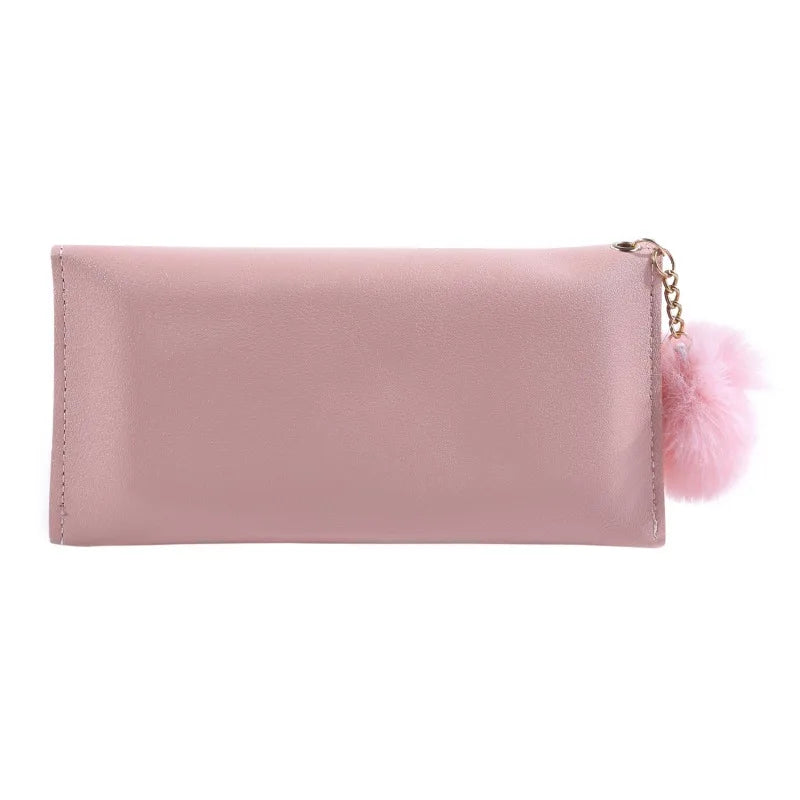 Fashionable New Women Long Wallets Pure Color Wool Ball Bow Clutch Bag Women's Long Bag Card Bag Coin Purse