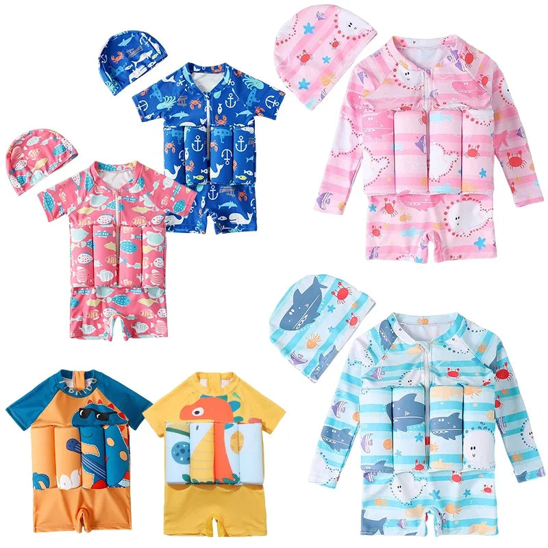 Children's Buoyancy Swimsuit Cartoon Print Swimwear Kid One-Piece Floating Rash Guards Bathing Clothes Boys Girls Swimming Suits