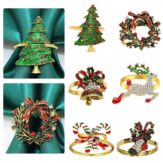 12Pcs Christmas Napkin Rings Set Xmas Tree Socks Bell Wreath Candy Cane Deer Napkin Holder for Wedding Party Dinner Table Decor