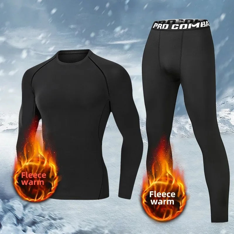 Men's Thermal Plush Base Layer Set Winter Thickened Running Trainning Quick Drying Clothes Fitness Tight Sports Men's Sweats Set