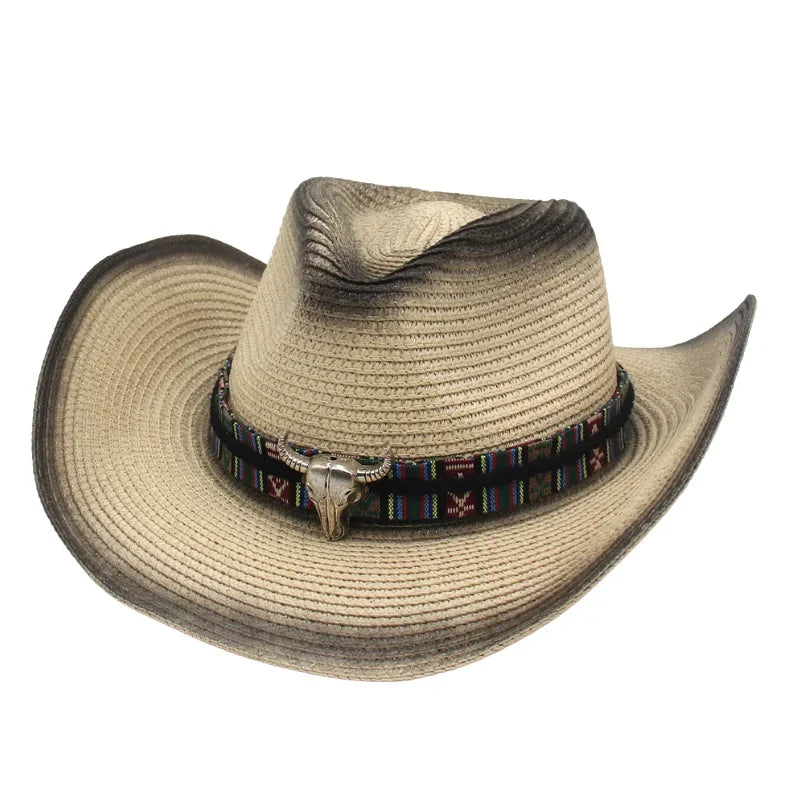 Retro Wild Straw Cowboy Hat Bull Shaped Decor Panama Hats For Men Travel Knight Country Hat Bohemian Women Beach Sunscreen Hat