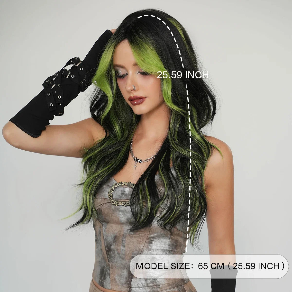 PARK YUN Long Loose Body Wave Black Hair Wig Highlight Green Curtain Bangs High Density Synthetic Layered Middle Part Wigs