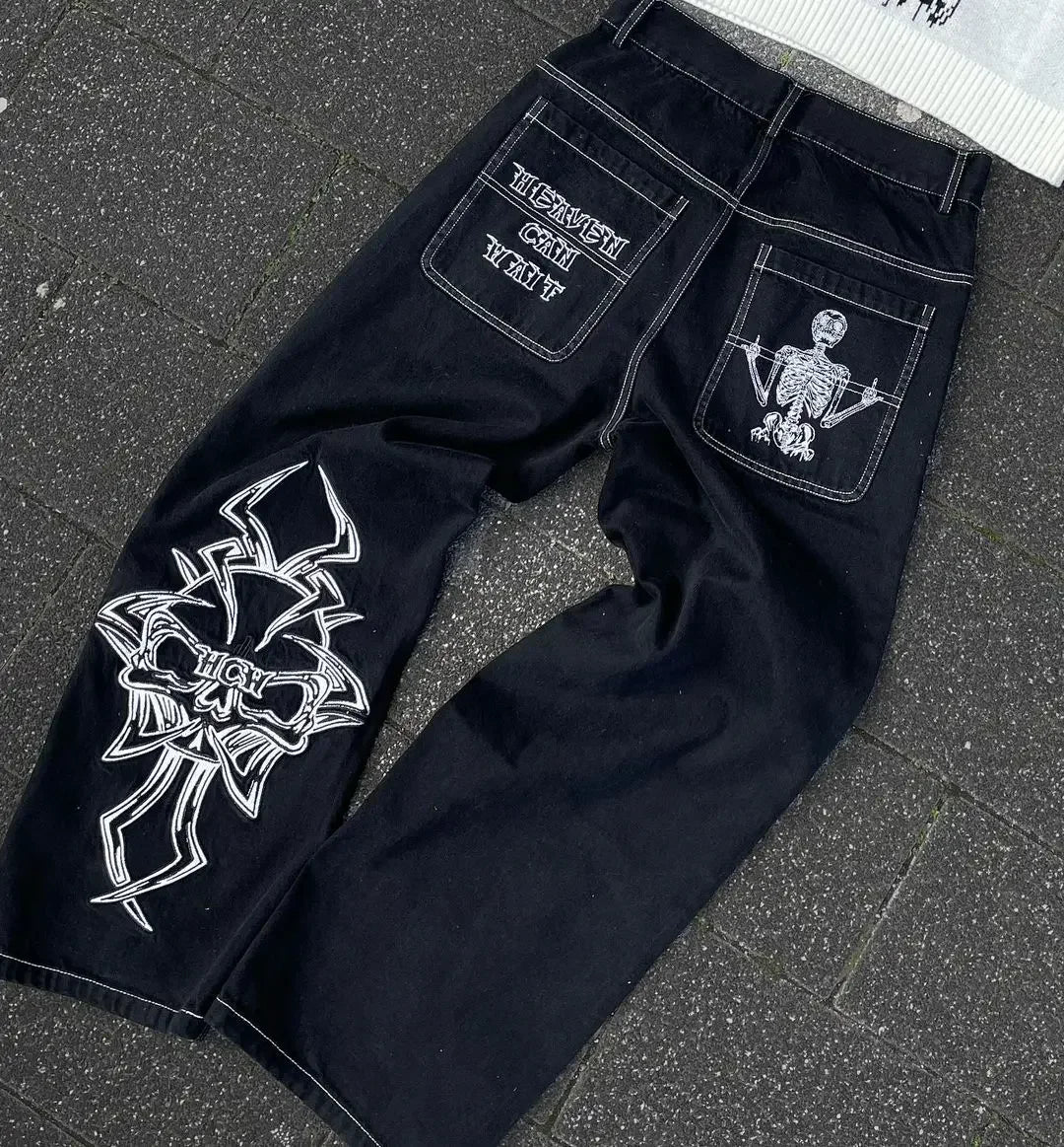 Men's and women's trend loose Korean straight leg pants embroidered fashionable street jeans Y2K minimalist Gothic printed pants