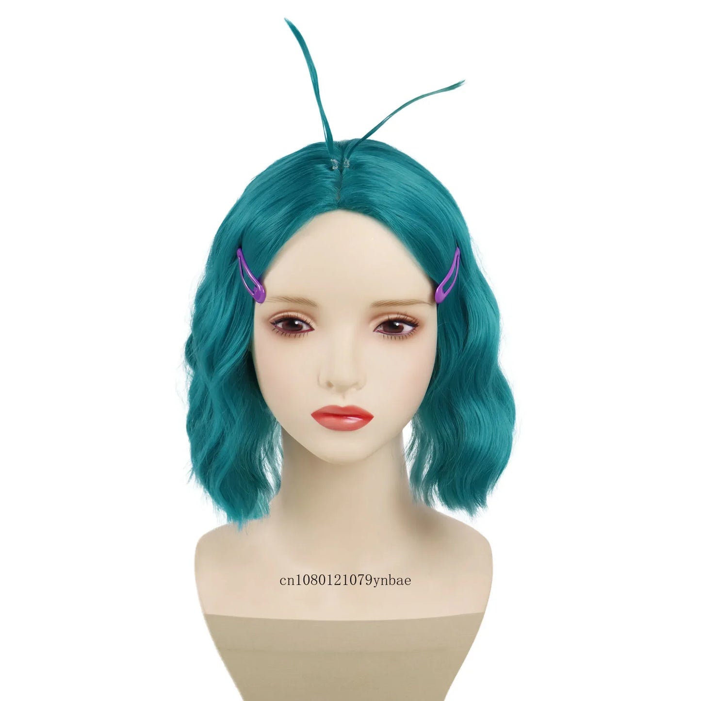 Short Wavy Blue Green Synthetic Cute Wig with 2 Hairpins for Women Girl Envy Costume Cosplay Wigs Halloween Party Heat Resistant