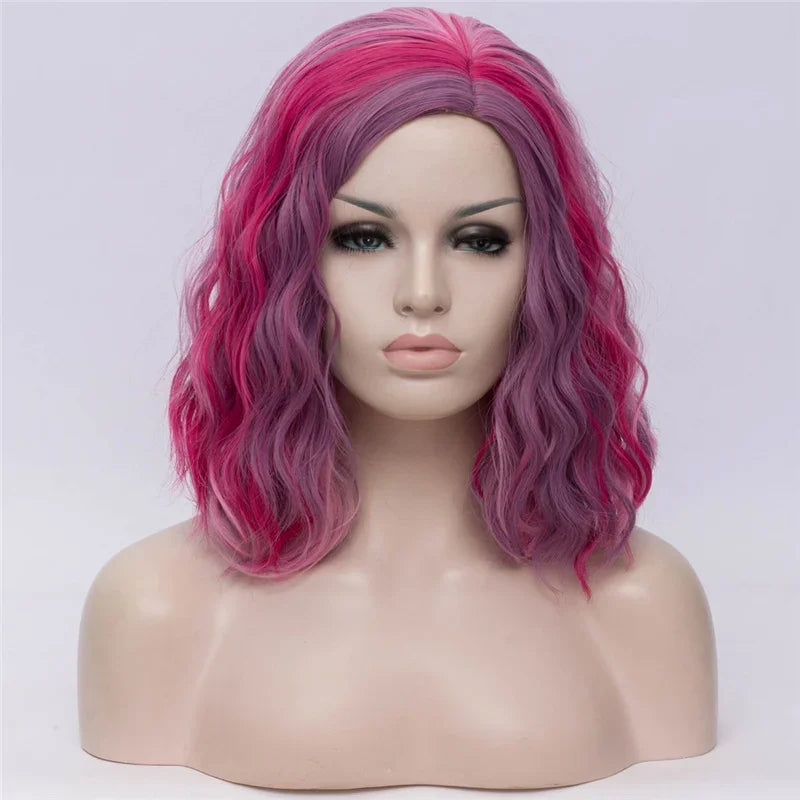 Short Cosplay Synthetic Wigs For Women Rainbow Highlights Color Wavy Wigs Side Central Hairline Cos Rose Net Ombre Hair