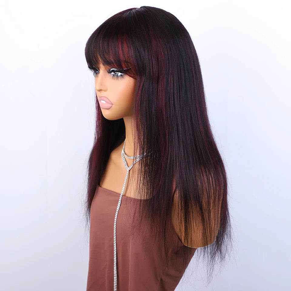 Lekker 24" Long Highlight Burg Red Bone Straight Human Hair Wigs With Bangs For Women Brazilian Remy Hair Full Machine Made Wigs