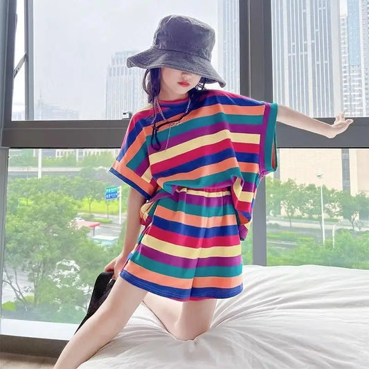 Summer Children Girls Clothes Set Fashion Rainbow Stripe T-shirts and Shorts 2 Pieces Suit Teenage Top & Bottom Outfits