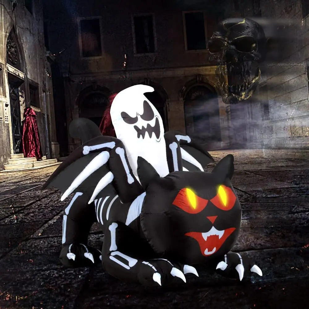 Large Halloween Outdoor Decoration Inflatable Ghost Skeleton Cat with Wings Built-in LED Light for Halloween Holiday Party Decor