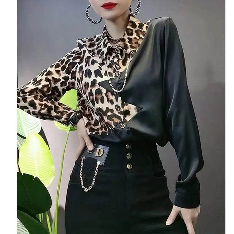 Women Clothing High Street Leopard Print Shirt Tops Spring Autumn Polo Neck Long Sleeve Patchwork Fashion Blouse Vintage Casual