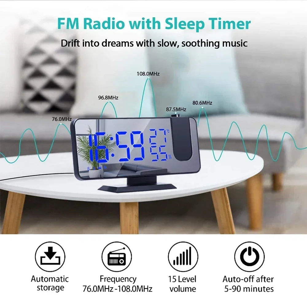 LED Digital Projection Alarm Clock Electronic Alarm Clock with Projection FM Radio Time Projector Bedroom Bedside Mute Clock