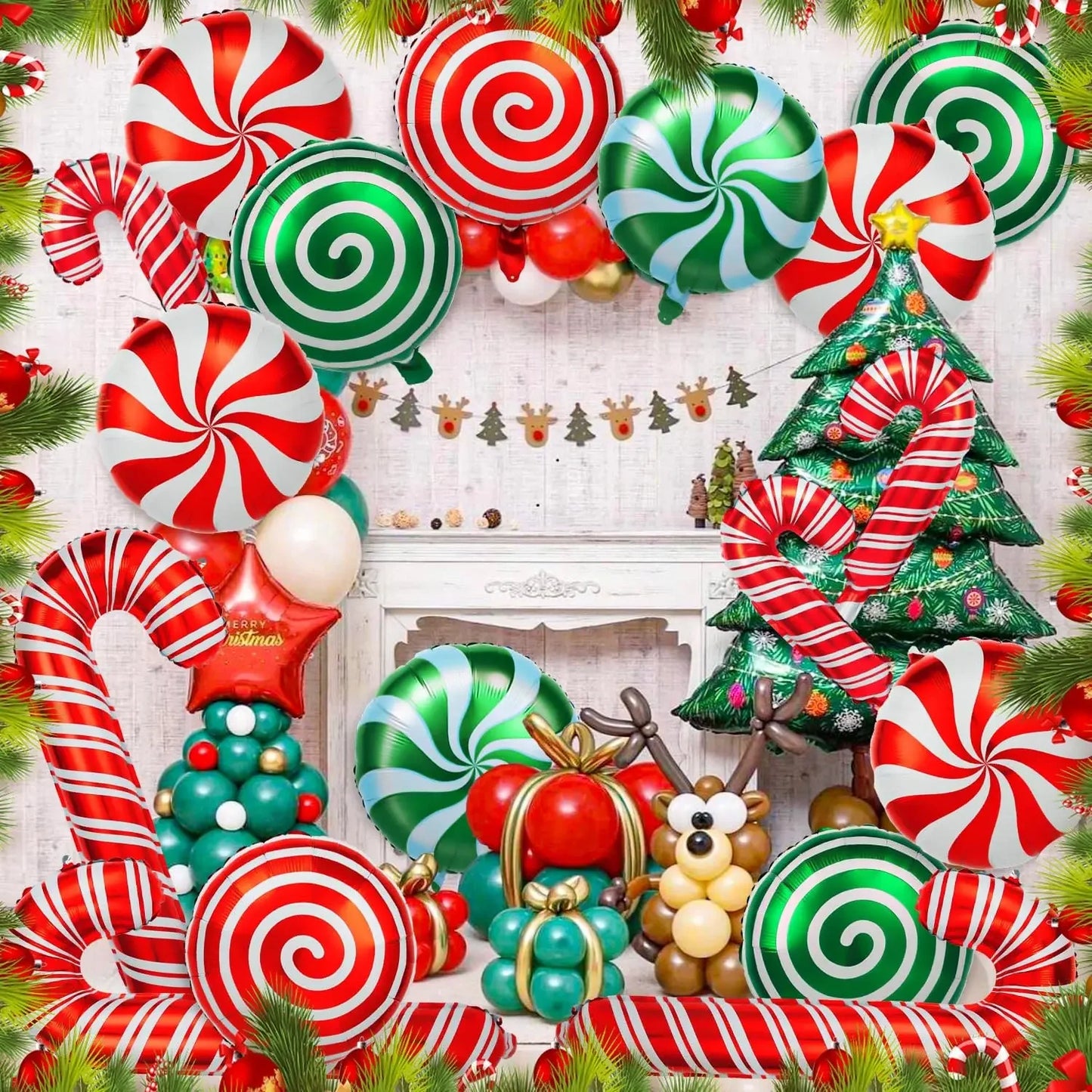 36Pcs Christmas Candy Balloons Kit Large Cane Swirl Candy Foil Balloons Red Green Foil Sweet Candies Theme Balloons